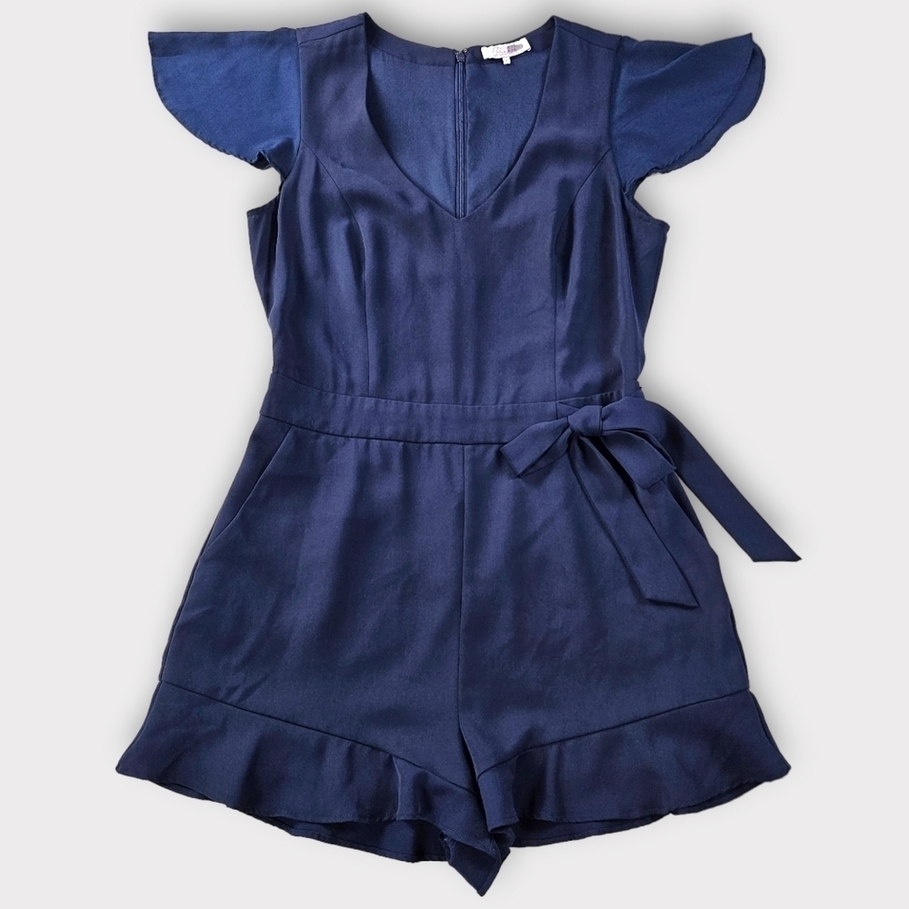 Parker Navy Catherine Romper Tie Waist Ruffle Hem Size 4 - Picture 8 of 14